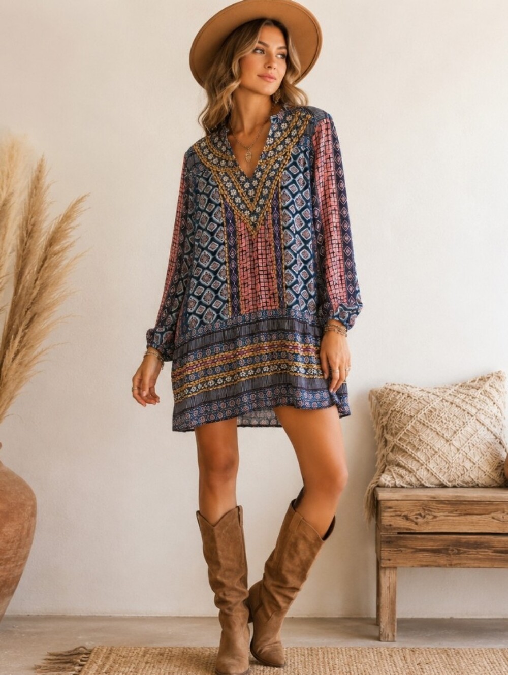 Tolani Anthropologie Embroider Geometric Block Print Viscose Tunic Mini Dress Lg
